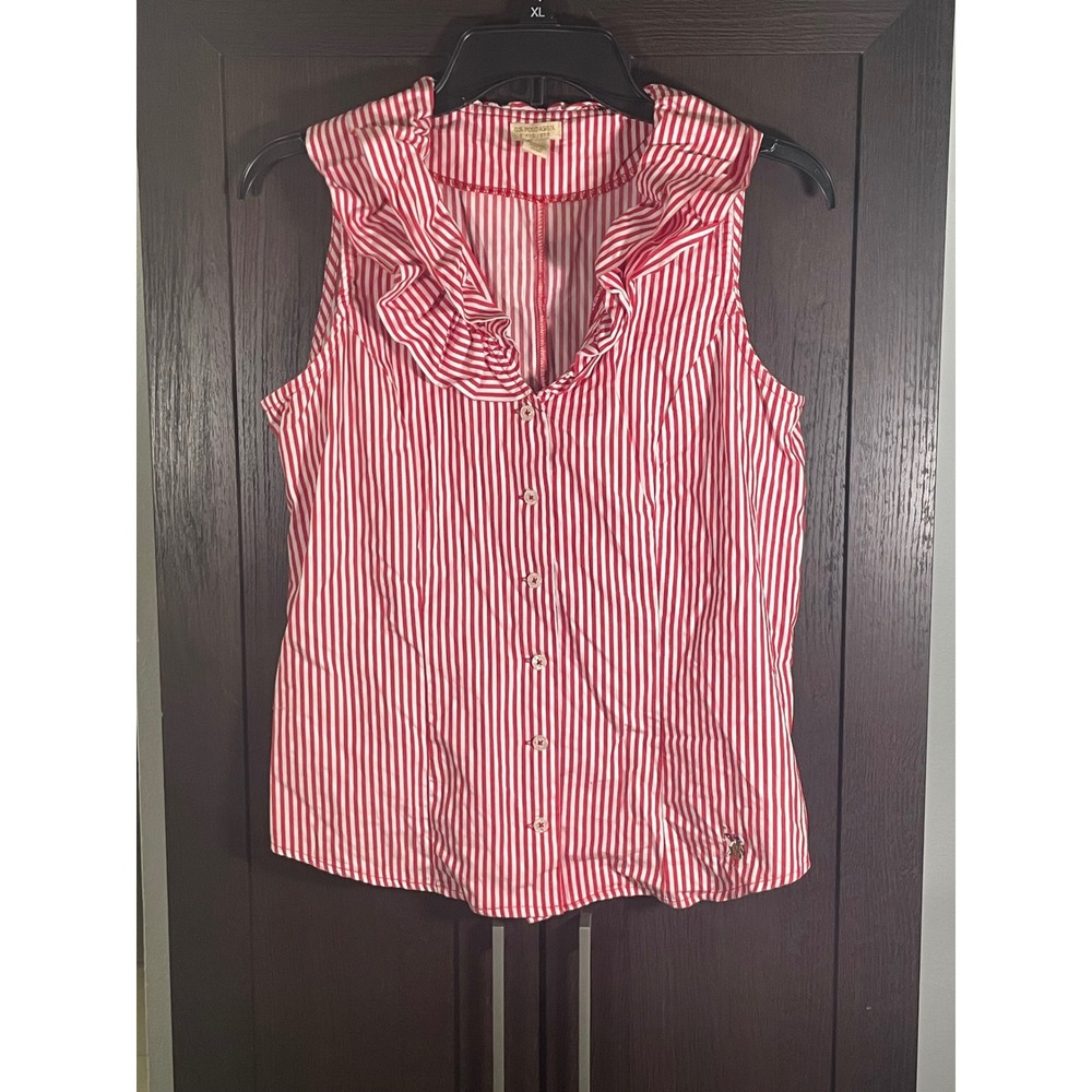 US Polo Assn Womens Red White Striped Ruffle Neck preppy Cotton Blouse Small